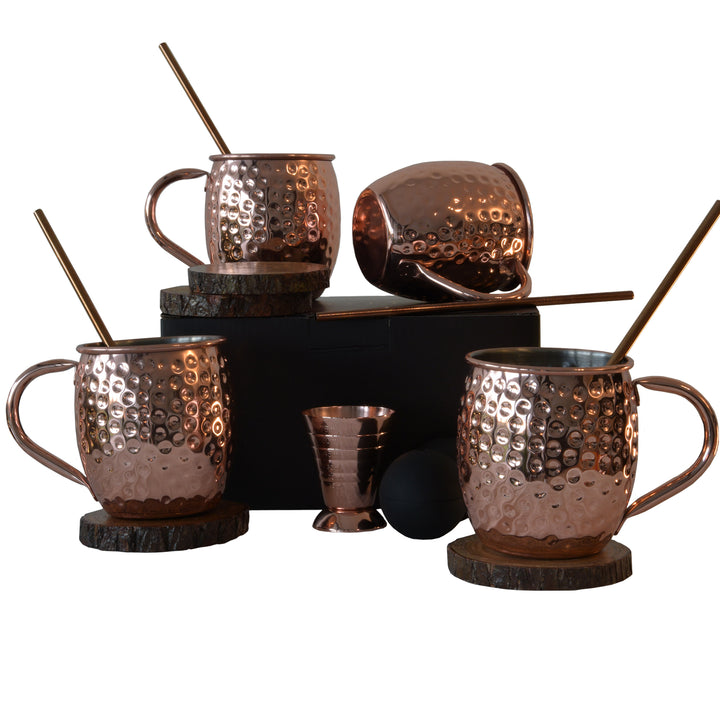 Moscow mule bekers, 500 ml bekers Inclusief 4 Rietjes, 4 onderzetters, 2 ice molds & jigger