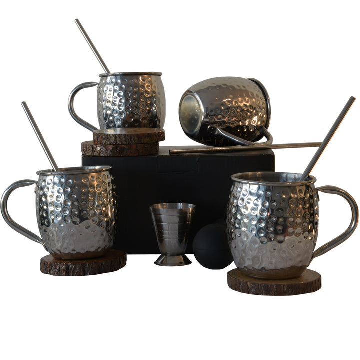 Moscow mule bekers zilver, 500 ml bekers Inclusief 4 Rietjes, 4 onderzetters, 2 ice molds & jigger