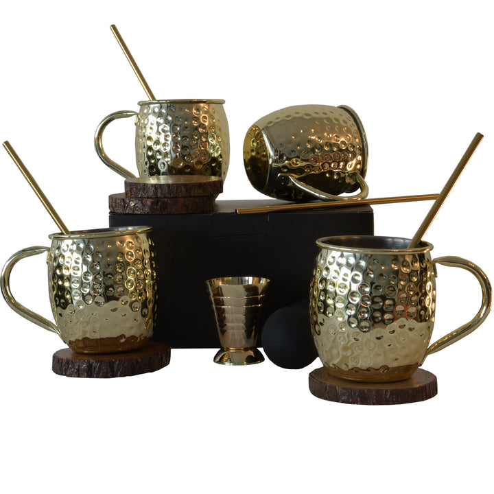 Moscow mule bekers goud, 500 ml bekers Inclusief 4 Rietjes, 4 onderzetters, 2 ice molds & jigger