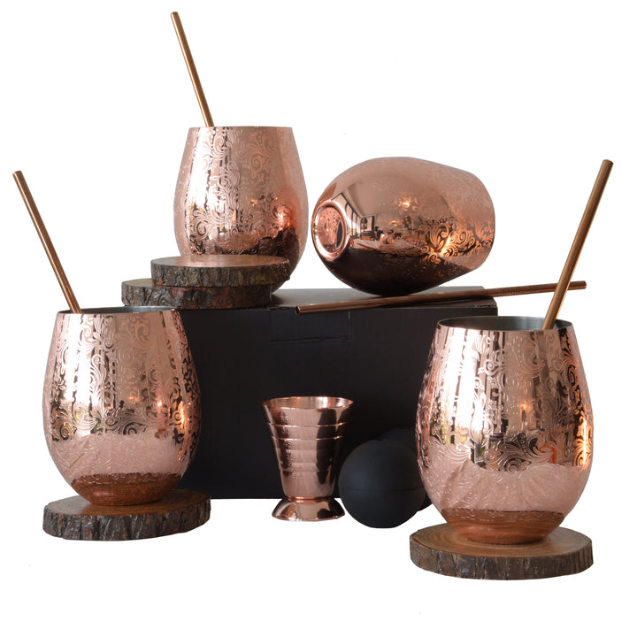 Moscow mule bekers gegraveerd, 500 ml bekers Inclusief 4 Rietjes, 4 onderzetters, 2 ice molds & jigger