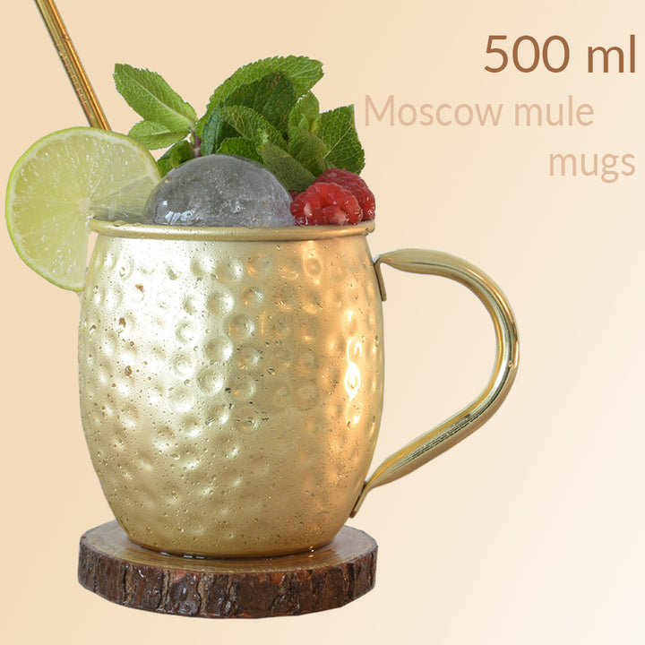 Moscow mule bekers goud, 500 ml bekers Inclusief 4 Rietjes, 4 onderzetters, 2 ice molds & jigger