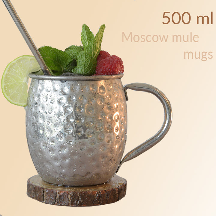 Moscow mule bekers zilver, 500 ml bekers Inclusief 4 Rietjes, 4 onderzetters, 2 ice molds & jigger